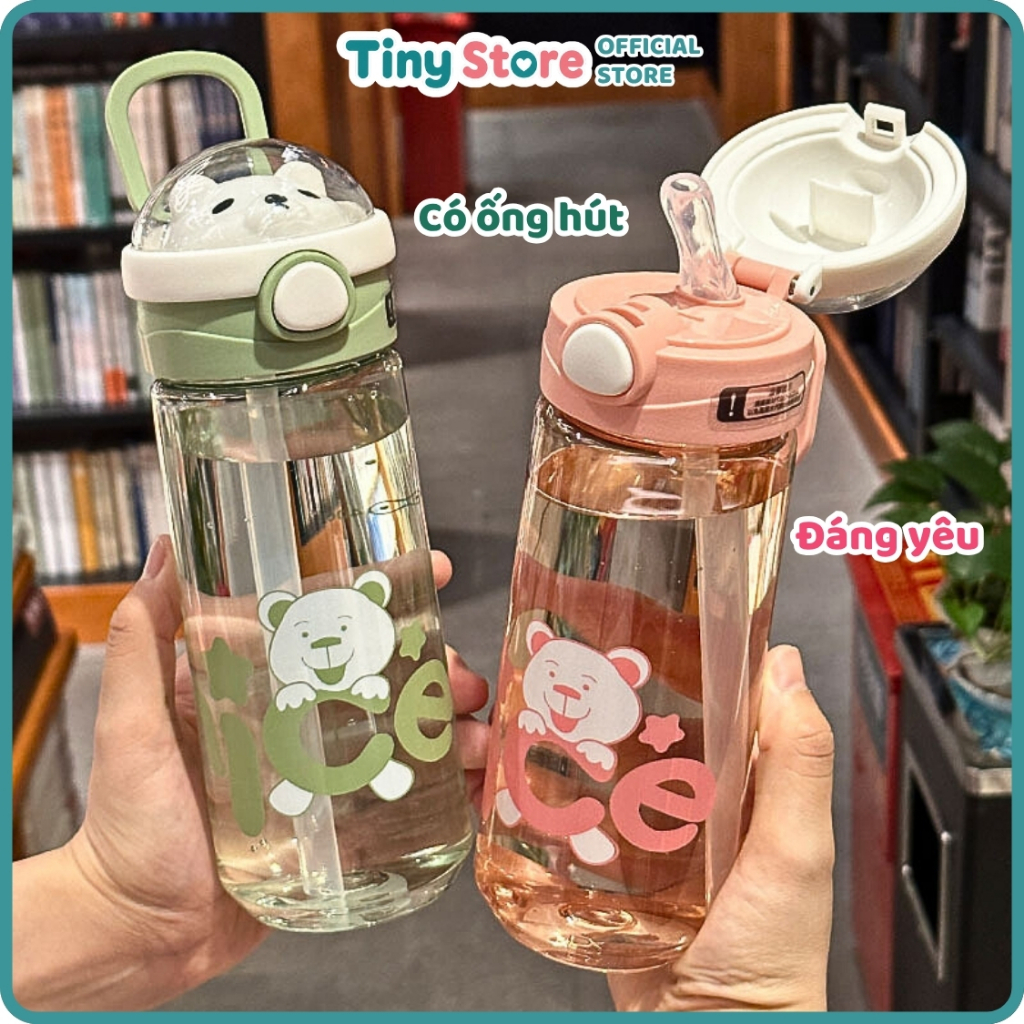 Bình Nước Cho Bé Gấu Kute 650ml Chất Liệu PP An Toàn Kèm Ống Hút Có...
