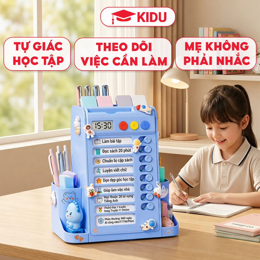 Hộp đựng bút kèm bảng kế hoạch KIDU, đồng hồ hẹn giờ, giúp bé tự gi...
